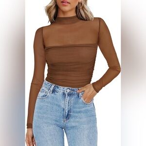 NWOT Zeagoo Brown Mesh Mock Neck Long Sleeve Ruched Top Size L
